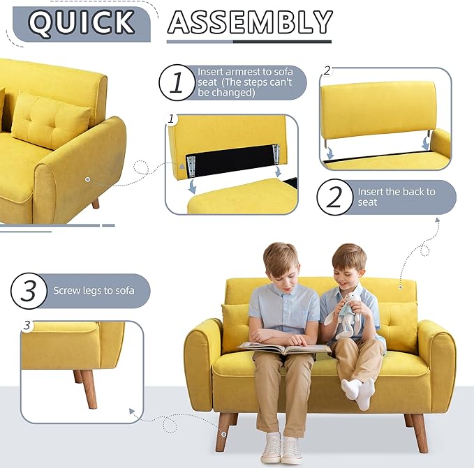 Shintenchi 47" Small Modern Loveseat Couch Sofa, Fabric Upholstered 2-Seat Sofa, Love Seat Furniture with 2 Pillows, Wood Leg for Small Space, Living Room, Bedroom, Apartment, Yellow - LeafyLoom