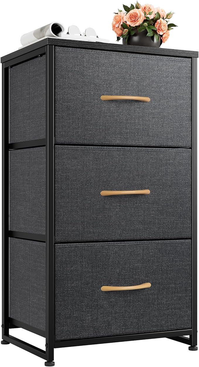 Nicehill Nightstand, Dresser with 3 Drawers, Bedside Table Chest of Drawers, Fabric Dresser for Bedroom, Kids' Room, Living Room, Closet, Small Dresser with Wooden Top Steel Frame, Modern, Dark Grey - LeafyLoom