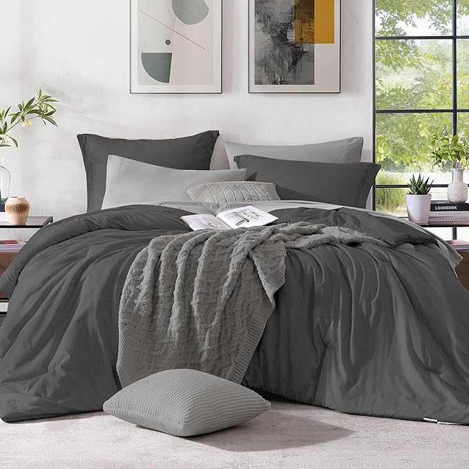 Monbix King Size Comforter Set, Dark Grey King Size Bed Set Reversible, King Size Comforter Set 7 Pieces, Cationic Dyeing Bed in a Bag with Comforter, Sheets, Pillowcases & Shams - LeafyLoom