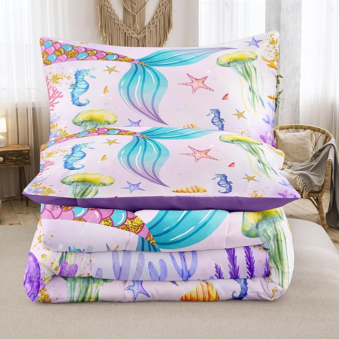 NINENINE Girls Mermaid Bedding Set,Mermaid Tail Comforter Set,Twin Size Bedding Sets for Girls,Princess Toddler Bedding Sets for Girls with 1 Comforter 1 Pillowcase… - LeafyLoom