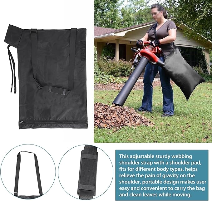 OwnMy Universal Leaf Vacuum Blower Bag Black Leaf Vacuum Bag Leaf Blower Replacement Bag with 3 Fasten Ties, Adjustable Leaf Blower Mulcher Bag Bottom Debris Zipper Bag Fallen Leaves Collection Bag - LeafyLoom