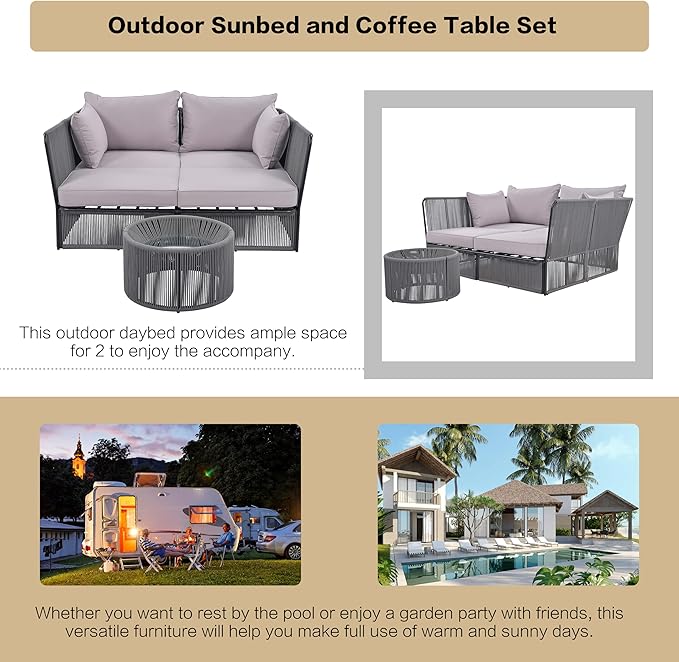 2-Piece Sunbed and Coffee Table, Patio Double Chaise Lounger Loveseat Daybed Outdoor Furniture Set for Backyard Poolside Lawn Balcony, Full, Ac-Grey - LeafyLoom