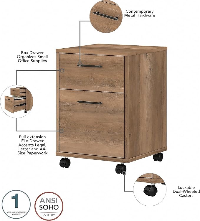 Bush Furniture Key West 60W L Shaped Desk with 2 Drawer Mobile File Cabinet in Reclaimed Pine - LeafyLoom