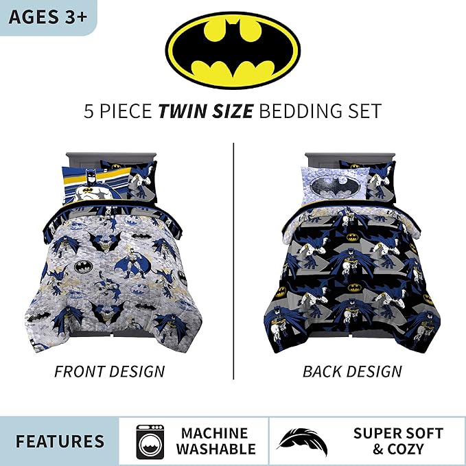 Franco Kids Bedding Super Soft Comforter and Sheet Set with Sham, 5 Piece Twin Size, Batman - LeafyLoom