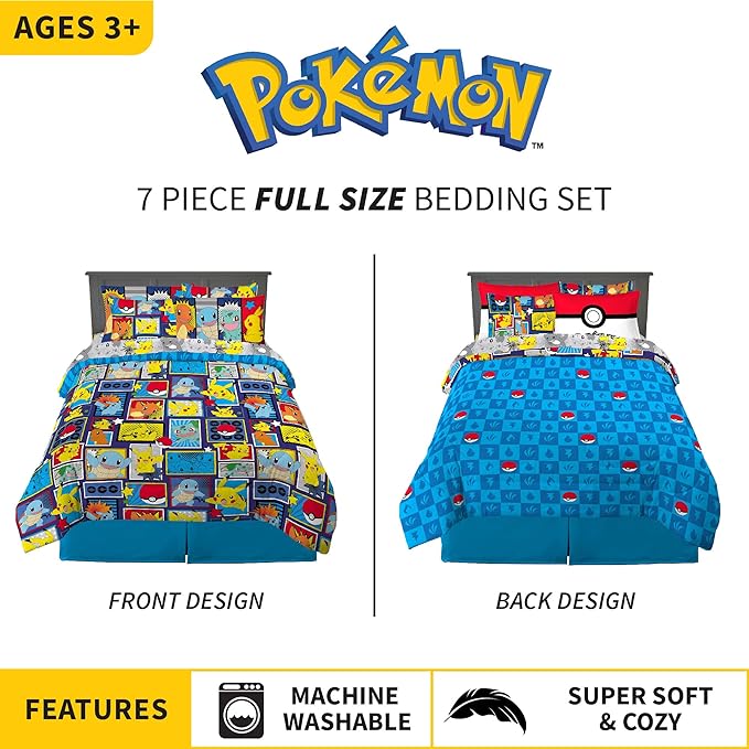 Franco Kids Bedding Super Soft Comforter and Sheet Set with Sham, 7 Piece Full Size, Pokemon - LeafyLoom