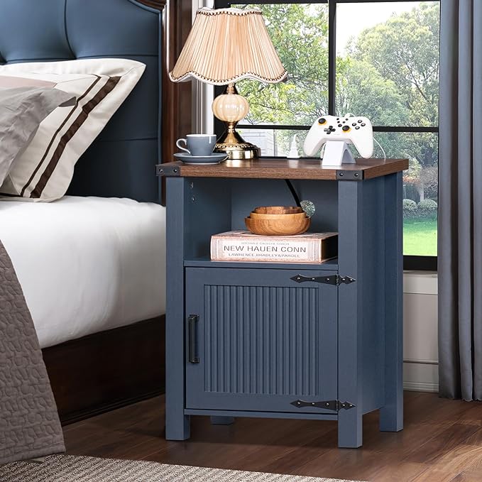 Night Stand Set of 2, 18 Inch Farmhouse Nightstand with with Charging Station and USB Port, Rustic Couch End Table with Magnetic Door, Wood Bed Side Tables for Bedroom, Home, Navy Blue - LeafyLoom