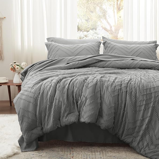 Anluoer Full Comforter Set, Grey Tufted Bed in a Bag 7 Pieces with comforters and sheets, All Season Bedding Sets with 1 Comforter, 2 PillowShams, 2 Pillowcases, 1 Flat Sheet, 1 Fitted Sheet - LeafyLoom