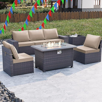 Kullavik 7 Pieces Outdoor Patio Furniture Set with 43" 55000BTU Gas Propane Fire Pit Table PE Wicker Rattan Sectional Sofa Patio Conversation Sets,Khaki - LeafyLoom