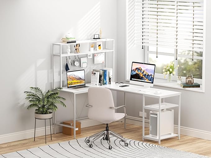 L Shaped Desk with Hutch - 67" L Shaped Gaming Desk with LED Lights, Corner Computer Desk with Storage Shelves, L Shaped Office Desk with Pegboard, White - LeafyLoom