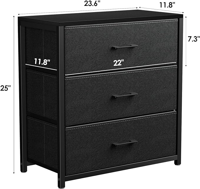 Nightstand with 3 Drawers for Bedroom, Storage Dresser with Fabric Drawers and Metal Frame for Closet, Living Room, Bedside Table with Wood Top, Easy Pull Handle, Black - LeafyLoom