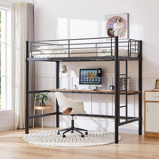 VECELO Metal Loft Bed Twin Size with Desk, Heavy Duty Bedframe with Removable Ladder and Safety Guardrail, Space-Saving, Noise Free, No Box Spring Needed, Black - LeafyLoom