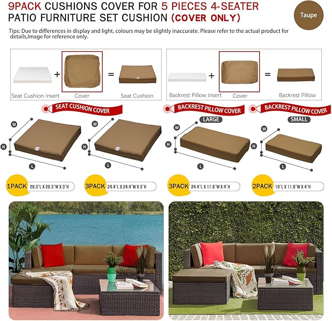 ClawsCover 9Pack Outdoor Seat and Back Cushions Replacement Covers Fit for 5 Pieces 4-Seater Wicker Rattan Patio Conversation Set Sectional Couch Furniture,Taupe-Include Covers Only(Small) - LeafyLoom