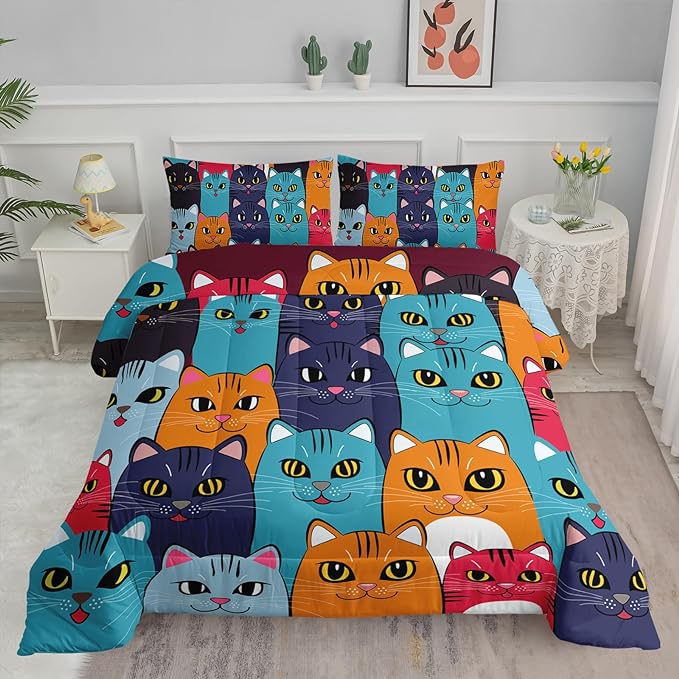 Axolotl Cartoon Cat Comforter Set Kids Bedding Full Size,Cute Colorful Cat Bedding Set for Kids Boys Girls Adults Teens Room Decor,Kids Comforter Set All Season,1 Comforter 2 Pillow Cases - LeafyLoom