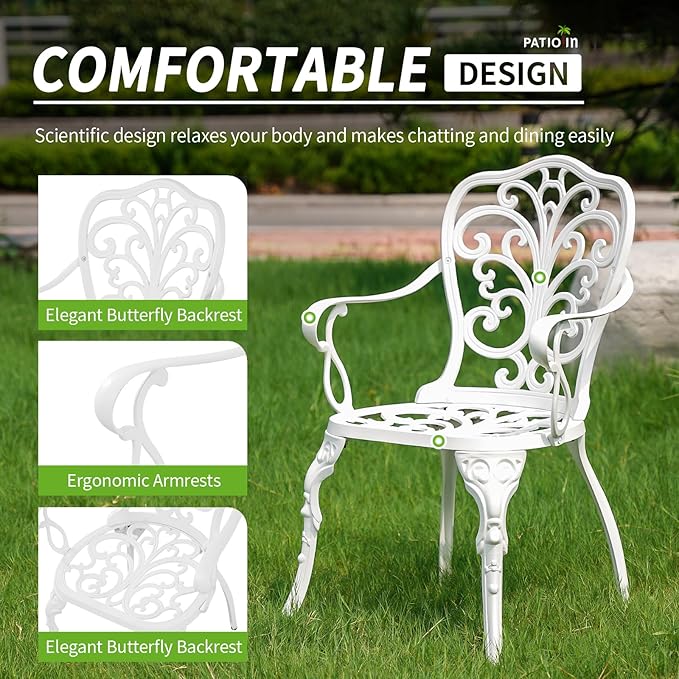 Bistro Table and Chairs Set of 2, Patio Furniture Bistro Set, Cast Aluminum Bistro Set 3 Piece Outdoor with Umbrella Hole for Balcony - LeafyLoom