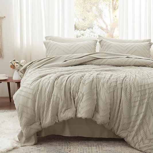 Anluoer Full Comforter Set, Oatmeal Tufted Bed in a Bag 7 Pieces with comforters and sheets, All Season Bedding Sets with 1 Comforter, 2 PillowShams, 2 Pillowcases, 1 Flat Sheet, 1 Fitted Sheet - LeafyLoom