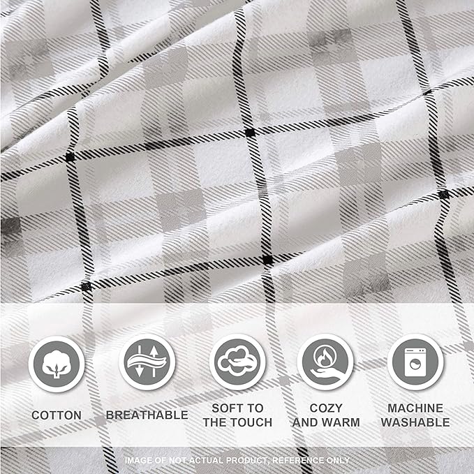 Comfort Spaces Cotton Flannel Breathable Warm Deep Pocket Sheets with Pillow Case Bedding, Cal King, Grey Plaid 4 Piece - LeafyLoom