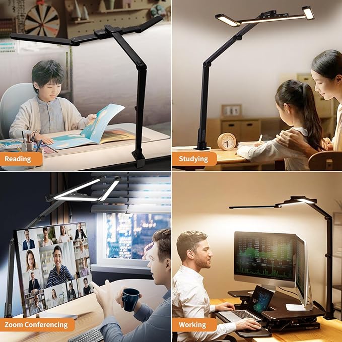 Desk Lamp with Hand-Sweep Sensor Desk Lamps for Home Office Desk Lamp with Clamp with 2 USB C+A Ports 24W LED Desk Light Clip On Desk Lamp with Timer, 3 Colors, 7 Brightness Dimmable Lamp For Desk - LeafyLoom