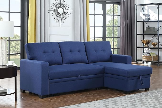 RITSU L-Shaped Convertible Sectional Sofa, Pull Out Sleeper Bed Corner Couch with Storage Space, Linen Tufted Cushions, for Living Room,Office,Apartment, Blue, 82 inch - LeafyLoom