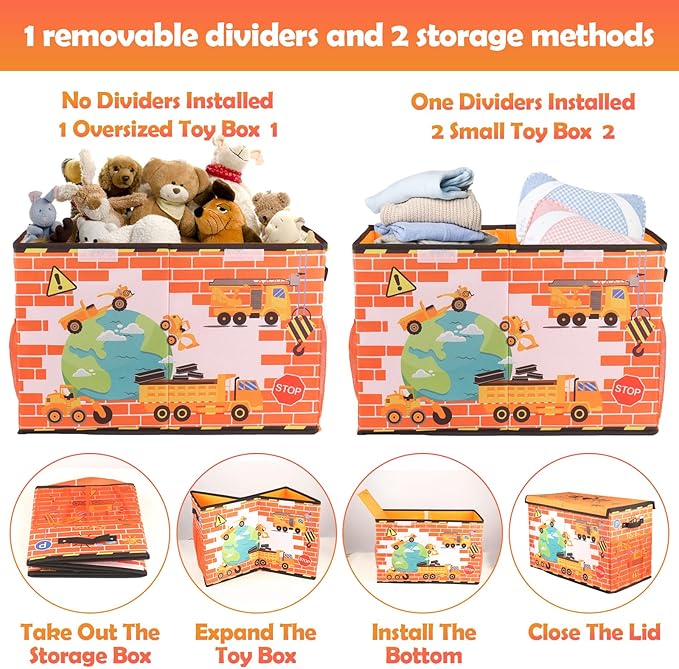 Large Toy Box Chest, Collapsible Sturdy Toy Storage Organizer for Kids, Boys, Girls, 25"x13"x16" Toy Chest Storage Bins with Lids Toy Bins Baskets Boxes for Living Room, Playroom, Nursery, Orange - LeafyLoom