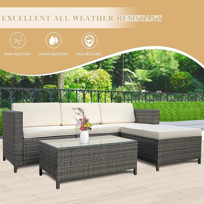 5 Piece Outdoor Patio Sectional Furniture Set, Weather Resistant Rattan Outside Couch, Waterproof Conversation Sofa for Balcony, Porch, Backyard, Deck, Garden,Beige - LeafyLoom