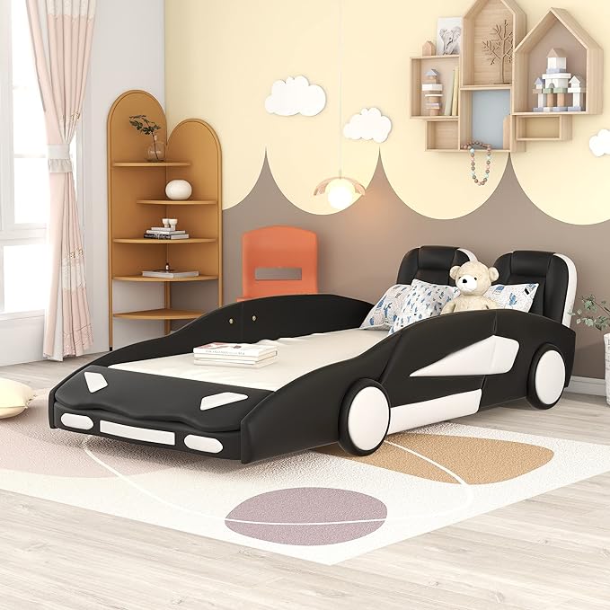 Twin Size Race Car Bed Platform Bed with Wheels and Side Rails,Bed Frame W/Two Seats Headboard,for Kids Boys Girls Teens,Black - LeafyLoom