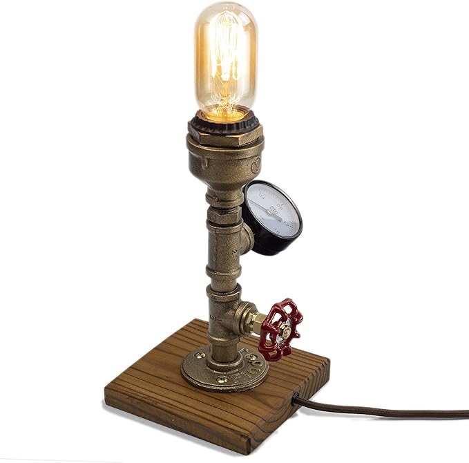 Steampunk Lamp with Dimmer, Dimmable Loft Style Industrial Vintage Antique Style Light with Bulb, Wood Base with Iron Piping Desk Lamp, Retro Desk Lamp LL-025 - LeafyLoom