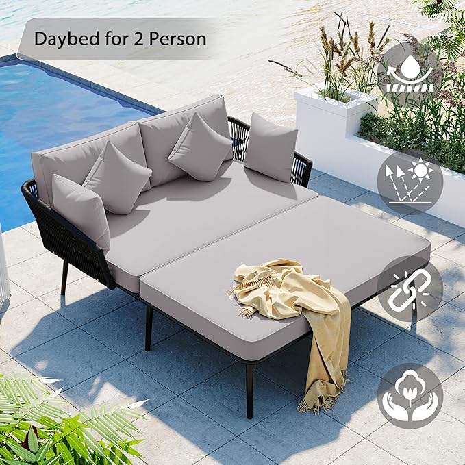 Patio Daybed Set for 2, Outdoor Furniture All-Weather Sofa Sunbed with Adjustable Iron Feet, Woven Nylon Rope Backrest, Washable Cushions and Pillows, for Balcony, Poolside, Gray - LeafyLoom