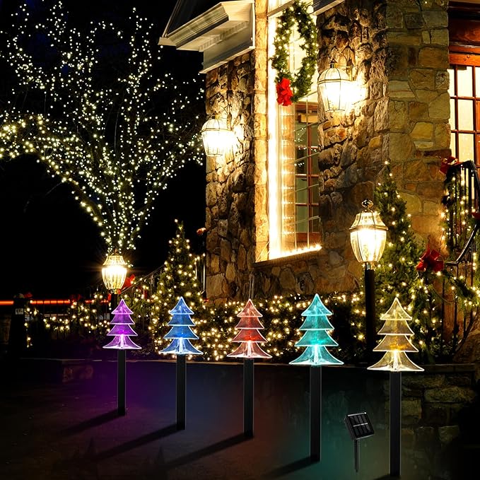 Christmas Solar Pathway Lights, Set of 5 Waterproof Landscape Christmas Lights, Stake Christmas Decorations, LED Lights for Yard Lawn Patio Walkway Decor (5PCS-Multi Colors-Tree) ILLUMINEW