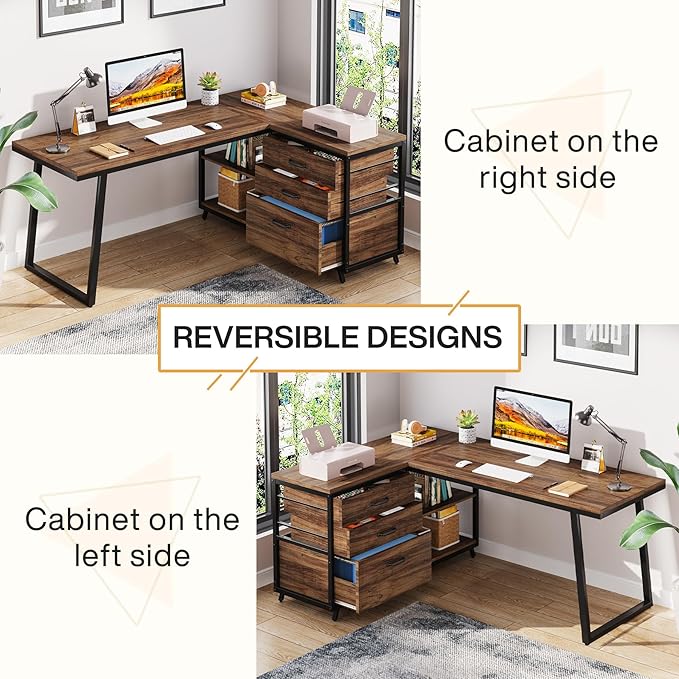 Reversible 53-inch L Shaped Desk with 3 Drawer, Farmhouse Corner Desk Gaming Table with Shelves and File Cabinet for Letter Size & Legal Size File for Home Office and Small Space - LeafyLoom