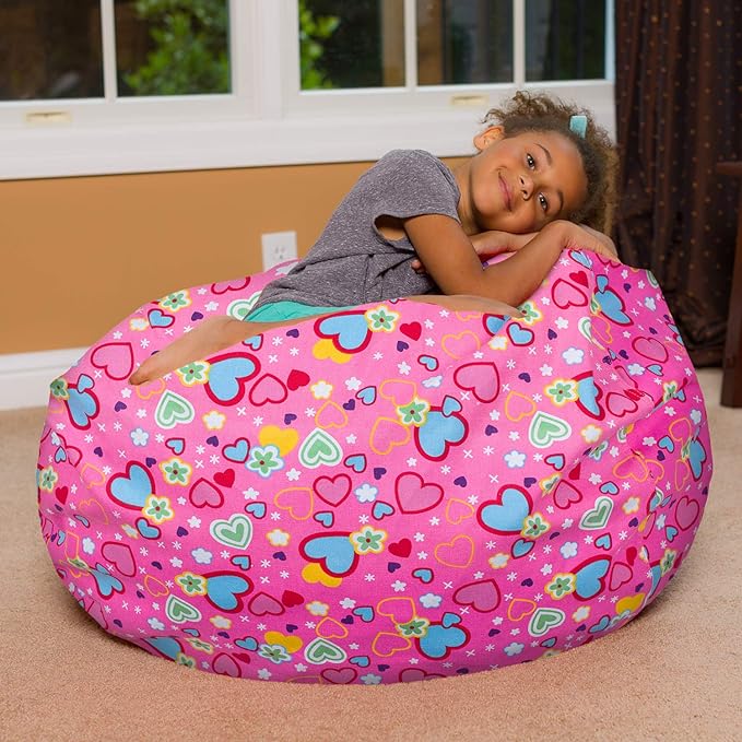 Posh Creations Bean Bag Chair for Kids, Teens, and Adults Includes Removable and Machine Washable Cover, Canvas Multi-Colored Hearts on Pink, 38in - Large - LeafyLoom