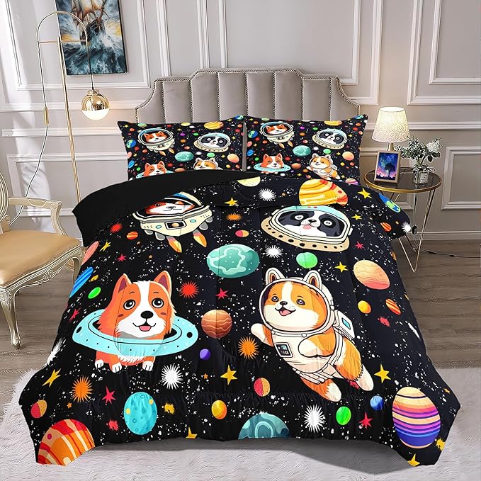 Dog Full Comforter Set for Boys Outer Space Dog Bedding Set Cute LeafyLoom