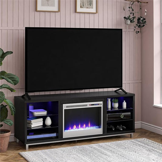 Ameriwood Home Lumina Fireplace TV Stand for TVs up to 70 Inch, Replaceable Electric Fireplace Insert Heater, Remote Control, Timer, Color Changing LED Lights, Crystal Ember Flames, Black Oak - LeafyLoom