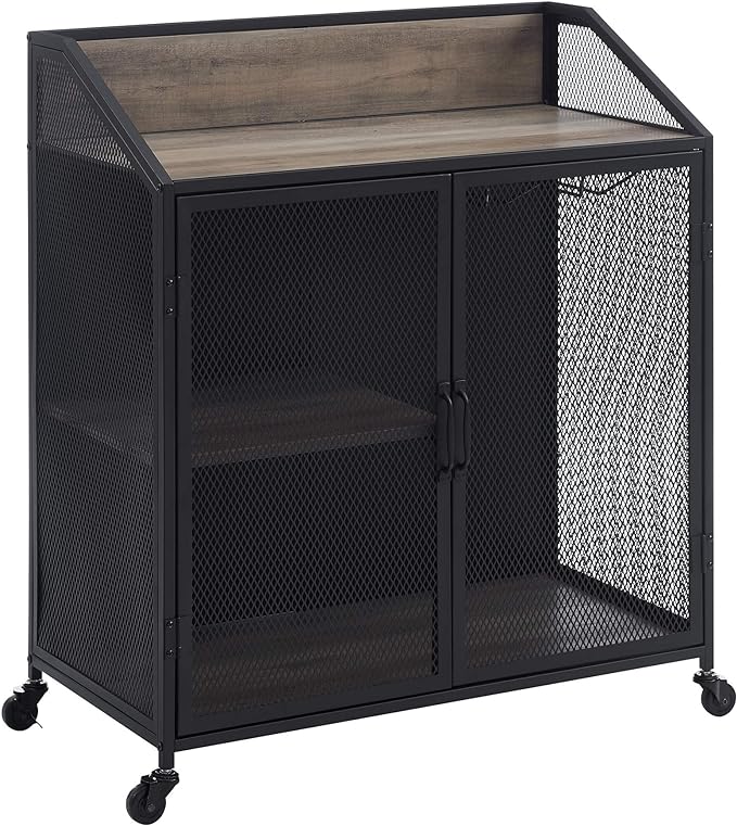 Walker Edison Malcomb Urban Industrial Metal Mesh Double Door Rolling Bar Cabinet, 33 Inch, Grey - LeafyLoom