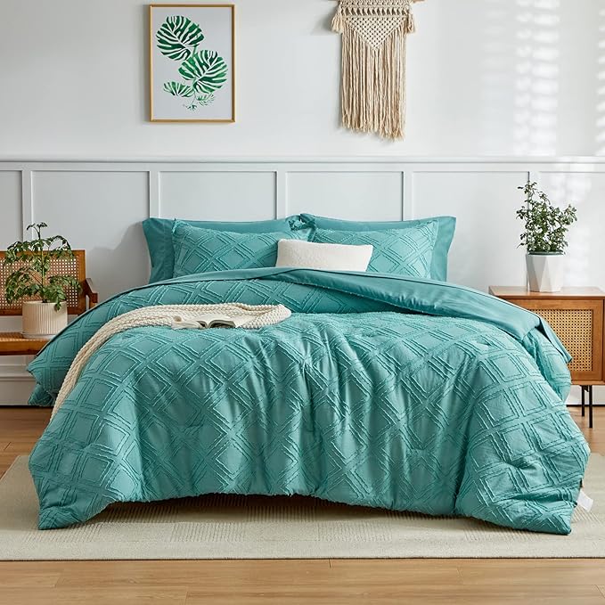 6 Pieces Tufted Bed in a Bag Twin Comforter Set with Sheets Green, Soft and Embroidery Shabby Chic Boho Bohemian Design, Luxury Solid Color with Diamond Pattern, Jacquard Tufts Bedding Set for Kids - LeafyLoom