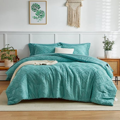 7 Pieces Tufted Bed in a Bag Queen Comforter Set with Sheets Green, Soft and Embroidery Shabby Chic Boho Bohemian, Luxury Solid Color with Diamond Pattern, Jacquard Tufts Bedding Set for All Season - LeafyLoom