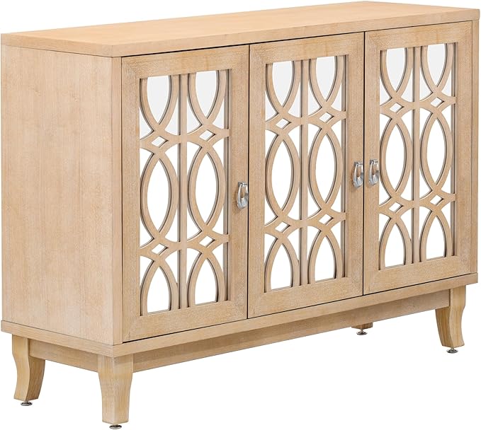 Multifunctional Sideboard with Glass, Vintage 3 Door Mirrored Buffet Cabinet,W/Silver Handle,Easy to Assemble,Console Table for Living Room Hallway Entryway,Natural Wood Wash, 47.2" - LeafyLoom