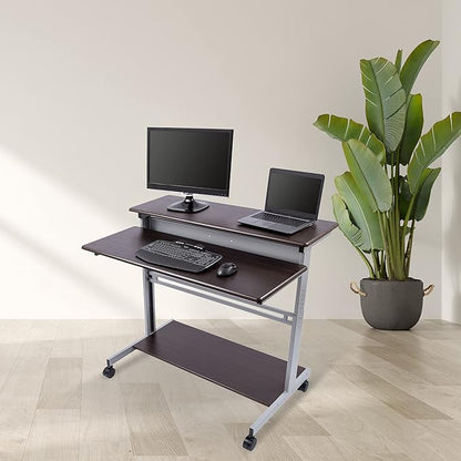 Stand Up Desk Store Rolling Adjustable Height Two Tier Standing Desk Computer Workstation (Silver Frame/Dark Walnut Top, 48" Wide) - LeafyLoom