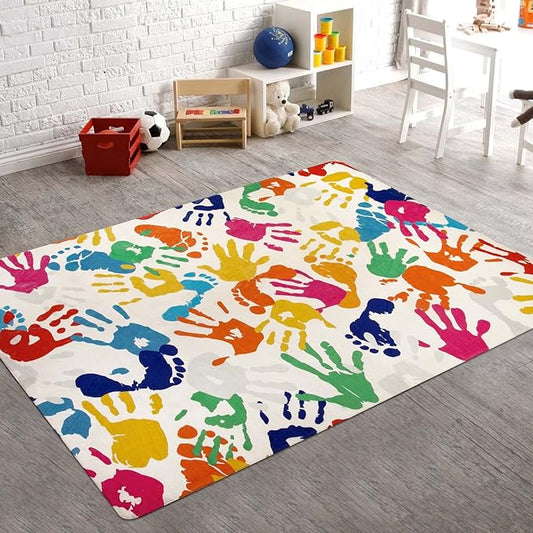 Handprints and Footprints Kids Rug Play Carpet, 4'x6' Washable Colorful Area Rug for Nursery Room, Ultra Soft Non-Slip Indoor Play Mat for Bedroom Playroom Classroom - LeafyLoom