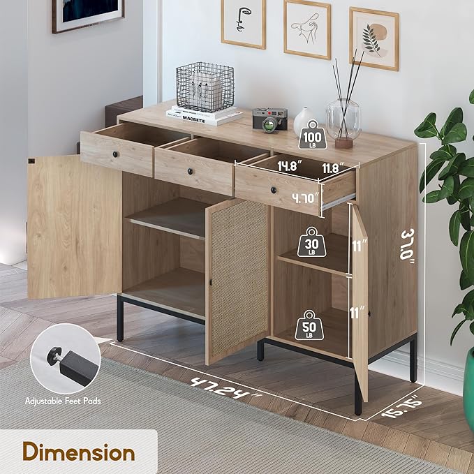 XIAO WEI Sideboard Cabinet Buffet Cabinet with Handmade Natural Decorated Doors and 3 Drawers Rattan Cabinet, Accent Cabinet, Console Table with Metal Legs for Living Room, Hallway, Entryway - LeafyLoom