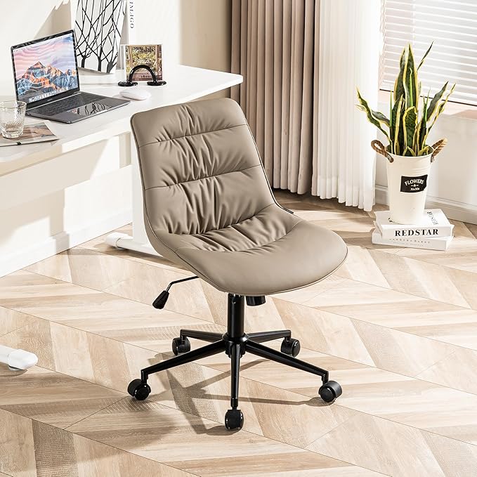 Kidol & Shellder Armless Office Chair Desk Chair Comfy Makeup Vanity Chair with Back Ergonomic Swivel Chair Home Office Desk Chairs with Wheels Rolling Computer Chair Bedroom Accent Chair(Khaki) - LeafyLoom