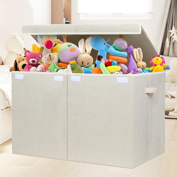 popoly 122L Large Toy Box Chest with Lid, Foldable Toy Storage Organizer Bin Boxes with Removable Divider for Kids, Boys, Girls, Nursery, Playroom, 26"x17" x17" (Linen Beige) - LeafyLoom