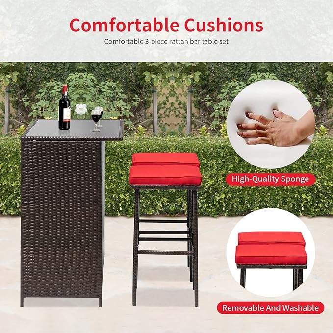 FDW Outdoor Furniture Set Wicker Bistro Set 3PCS Patio Bar Set with Two Stools for Patio Backyard Balcony,Red Cushion - LeafyLoom