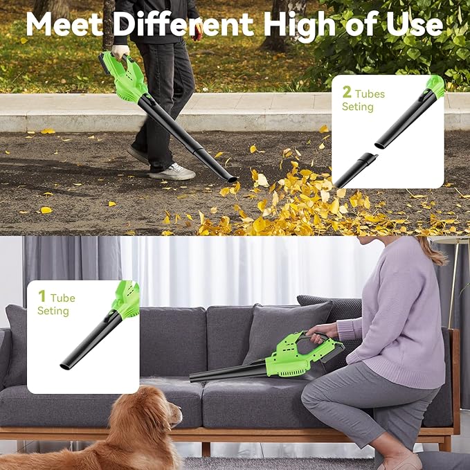 Leaf Blower Cordless with 5.0Ah Battery and Charger, 135MPH 170CFM High Speed Leaf Blower with 2 Tube, 20V Electric Leaf Cleaner, Lightweight Handheld Small Blower for Car, Garden, House, Depot, Green - LeafyLoom