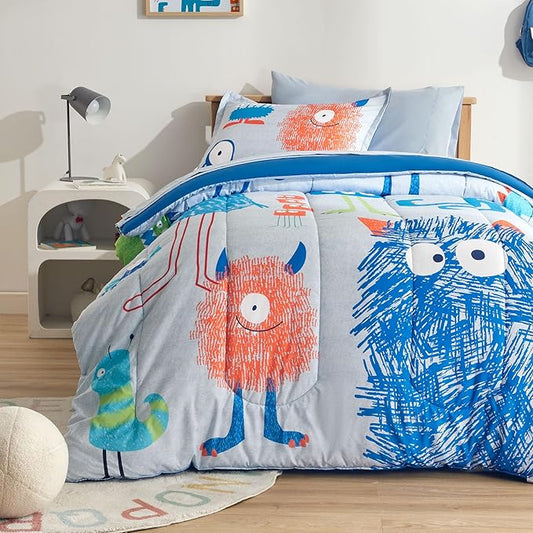 SLEEP ZONE Kids Bedding Comforter Set Full/Queen Size - Super Cute & Soft Kids Bedding 7 Pieces Set with Comforter, Sheet, Pillowcase & Sham (Monster) - LeafyLoom