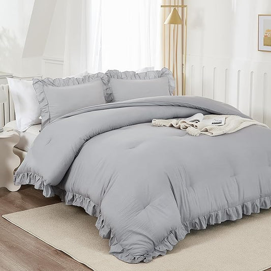 Andency Silver Gray Comforter Set Queen Size, 3 Pieces Shabby Chic Ruffle Bedding Comforter Sets for Queen Bed, Lightweight Fluffy Soft Microfiber Farmhouse Comforter Set - LeafyLoom