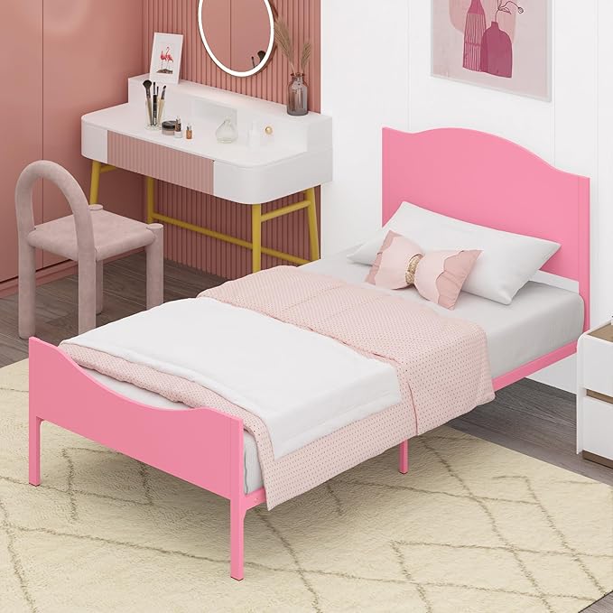 Timy Pink Kids Twin Bed Frame with Wooden Headboard and Footboard, Metal Platform Bed Frame for Boys Girls Teens Adults, Modern Kids Bed Furniture, No Box Spring Needed - LeafyLoom