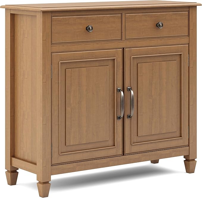 SIMPLIHOME Connaught SOLID WOOD 40 inch Wide Traditional Entryway Storage Cabinet in Light Golden Brown, with 2 Drawers, 2 Doors, Adjustable Shelves - LeafyLoom