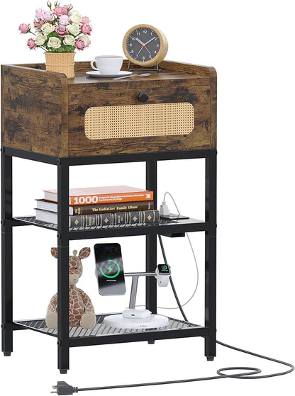 Night Stand, Side Table with Rattan Drawer, Nightstand with Charging Station, Industrial Bedside Table with 3-Tier Storage, Rustic Brown JET003CSR1 - LeafyLoom