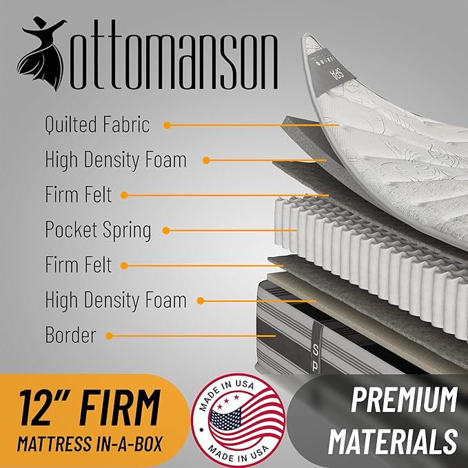 Ottomanson 12" Queen Mattress in a Box Made in USA, Firm Mattress, Hybrid Mattress Cool Improved Airflow with Edge to Edge Pocket Coil, Bed in A Box, Ottopedic - LeafyLoom