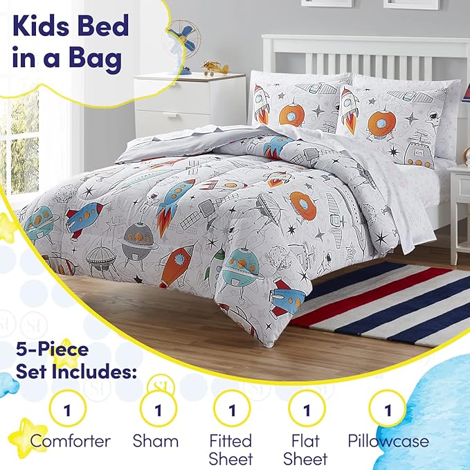 Kids Bedding Set Bed in a Bag for Boys and Girls Toddlers Printed Sheet Set and Comforter , Twin, Floating in Space - LeafyLoom